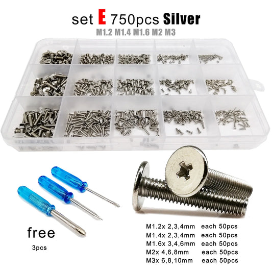 Kit Surtido de Tornillos de Cabeza Plana para Ordenador Portátil Micro Phillips 500 o 750 Piezas Toolmark