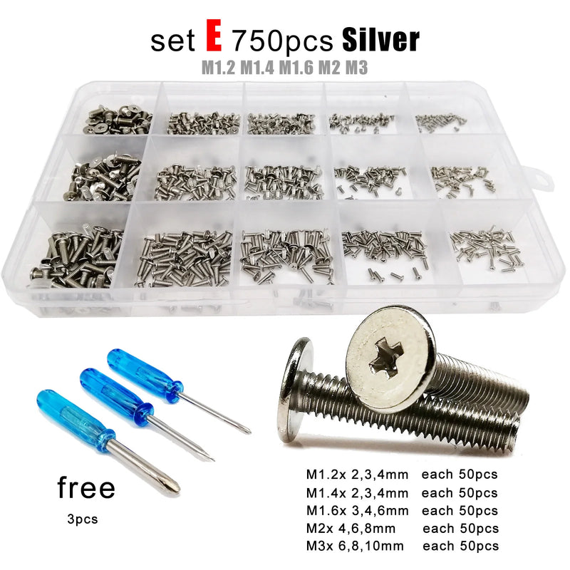 Kit Surtido de Tornillos de Cabeza Plana para Ordenador Portátil Micro Phillips 500 o 750 Piezas